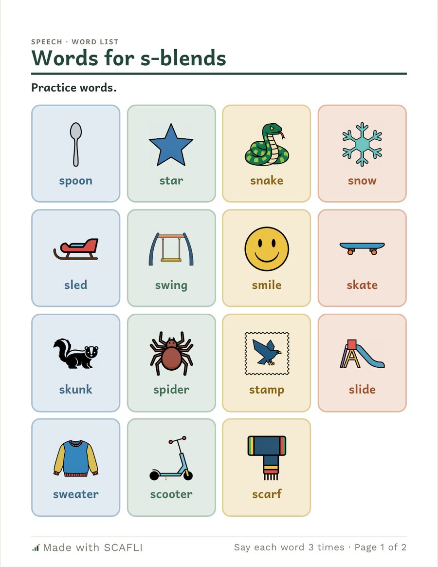 Words for s-blends: picture cards for spoon, star, snake, snow, sled, swing, smile, skate, skunk, spider, stamp, slide, sweater, scooter and scarf.