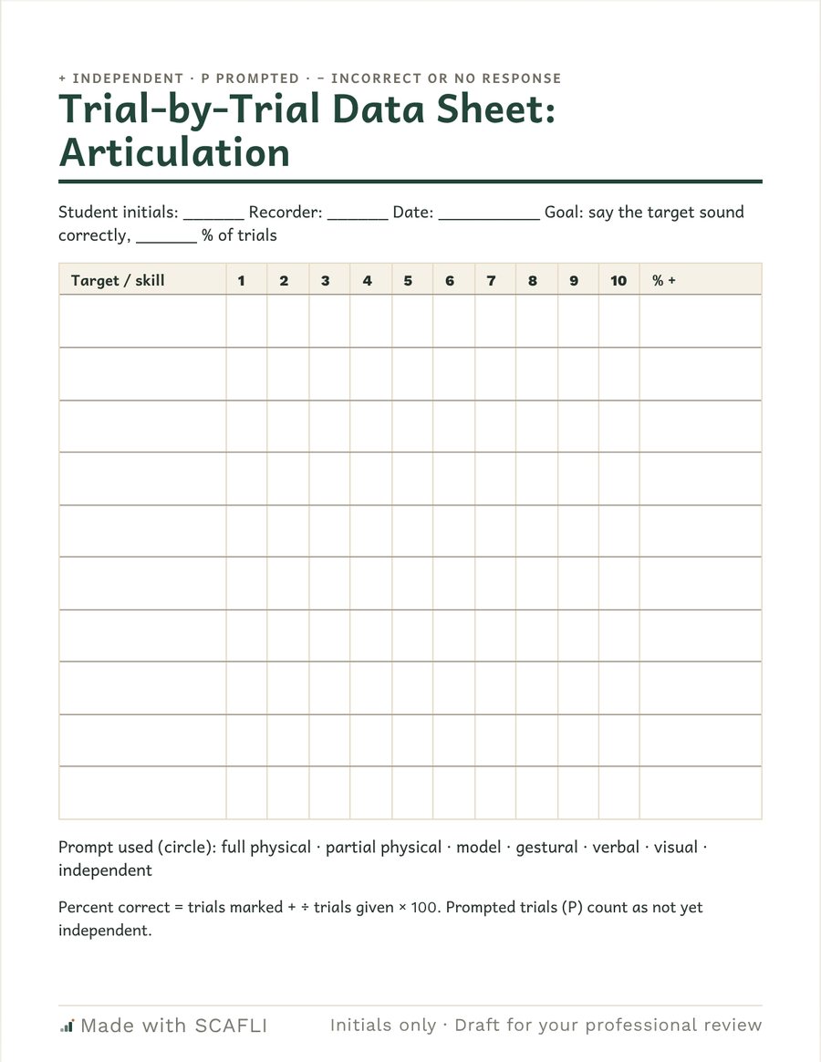Trial-by-Trial Data Sheet: Articulation. Lines for student initials, recorder, date and goal, then a table of ten target rows with trial boxes 1 to 10 and a percent column, and a prompt key at the bottom.