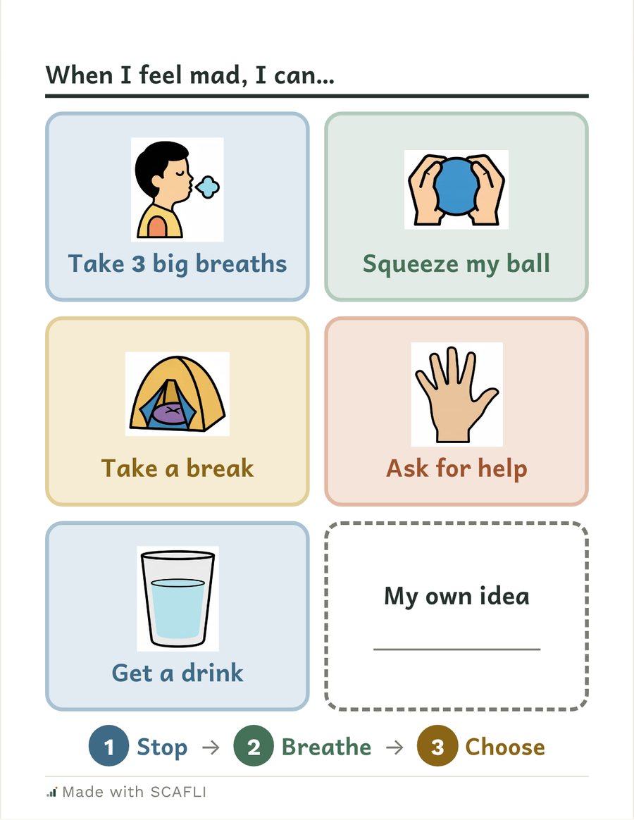 When I feel mad, I can: picture cards for take 3 big breaths, squeeze my ball, take a break, ask for help, get a drink, and a blank card for my own idea, with Stop, Breathe, Choose along the bottom.