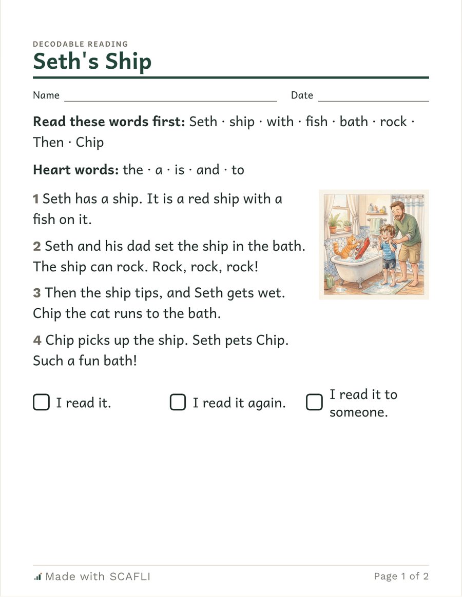 Seth's Ship: words to read first (ship, fish, bath, rock, chip), a painting of a boy and a cat by a bathtub with a toy ship, and the story: Seth has a ship. It is a red ship with a fish on it.