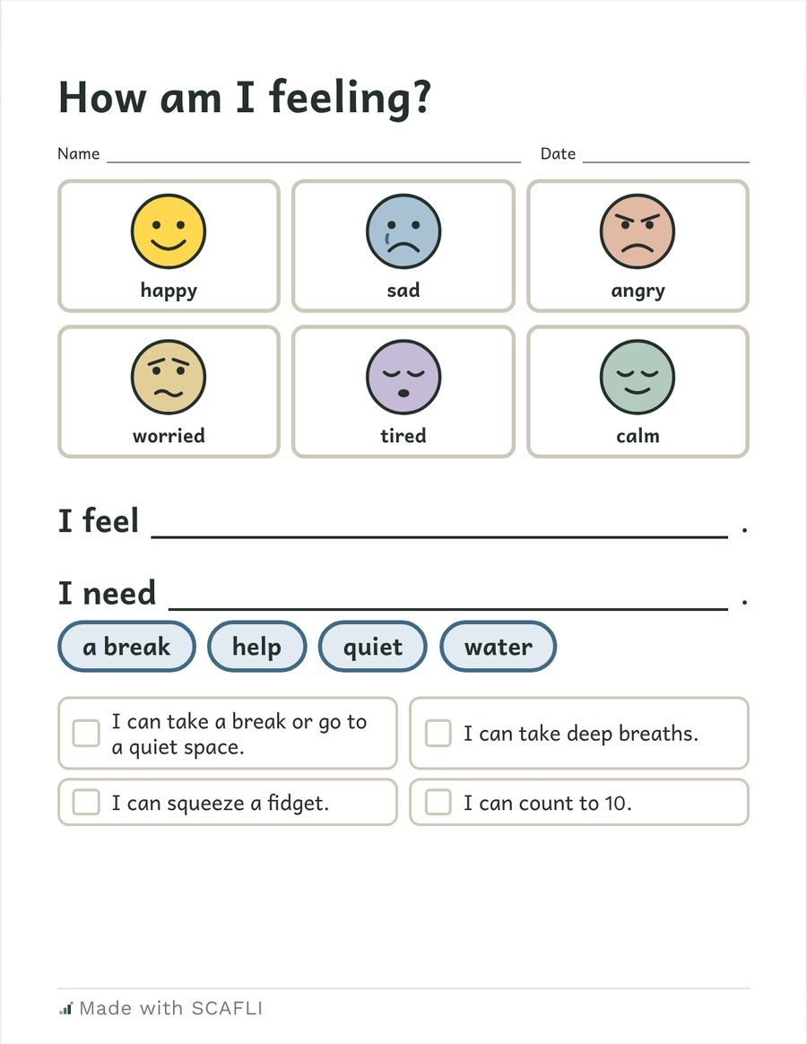 How am I feeling? Six feeling faces (happy, sad, angry, worried, tired, calm), I feel and I need sentence lines, need choices and four calm-down ideas.