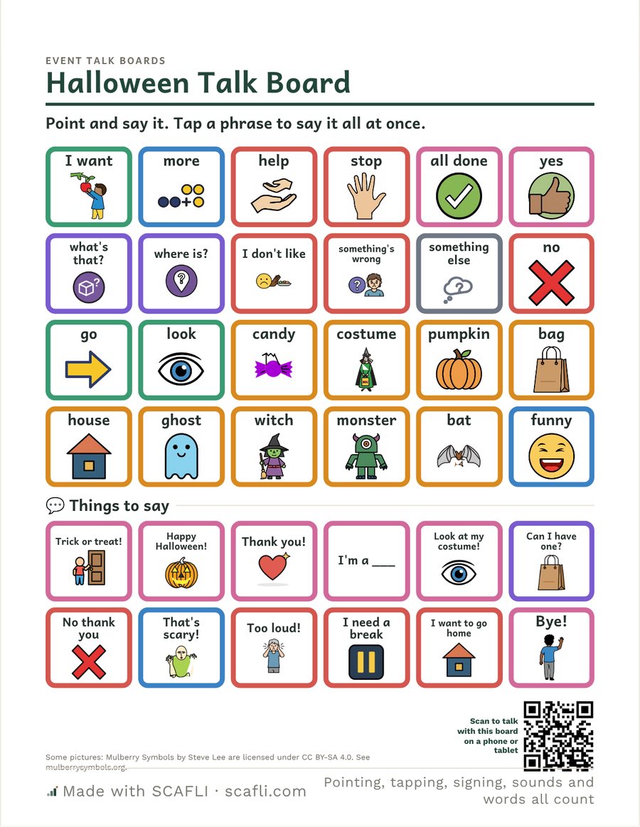 Halloween Talk Board: core words (I want, more, help, stop, all done, yes, no), Halloween words (candy, costume, pumpkin, bag, ghost, witch, bat) and Things to say (Trick or treat!, Thank you!, I need a break).