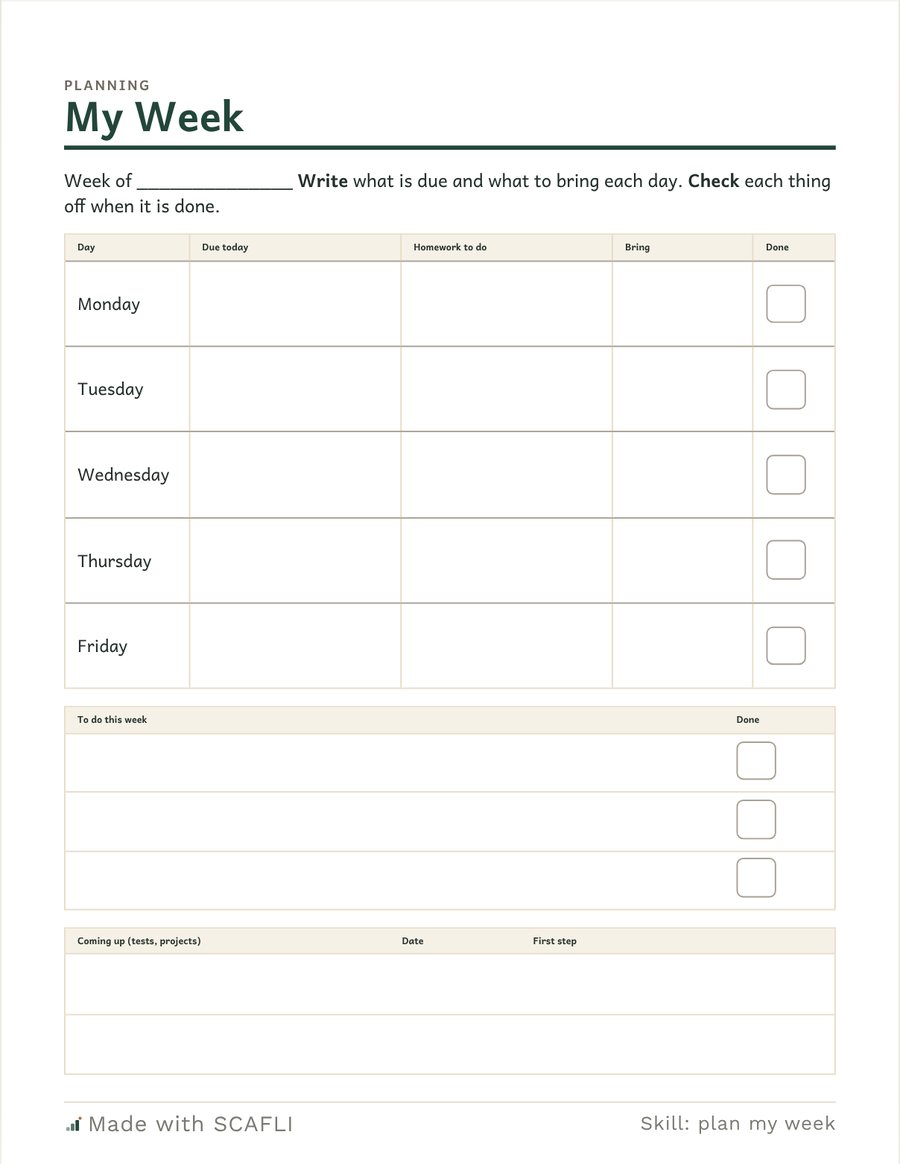 My week, by day (due, homework, bring): a page from this PDF