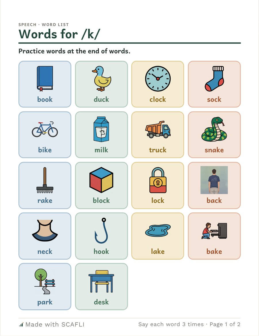 Final /k/ words and sentences: a page from this PDF