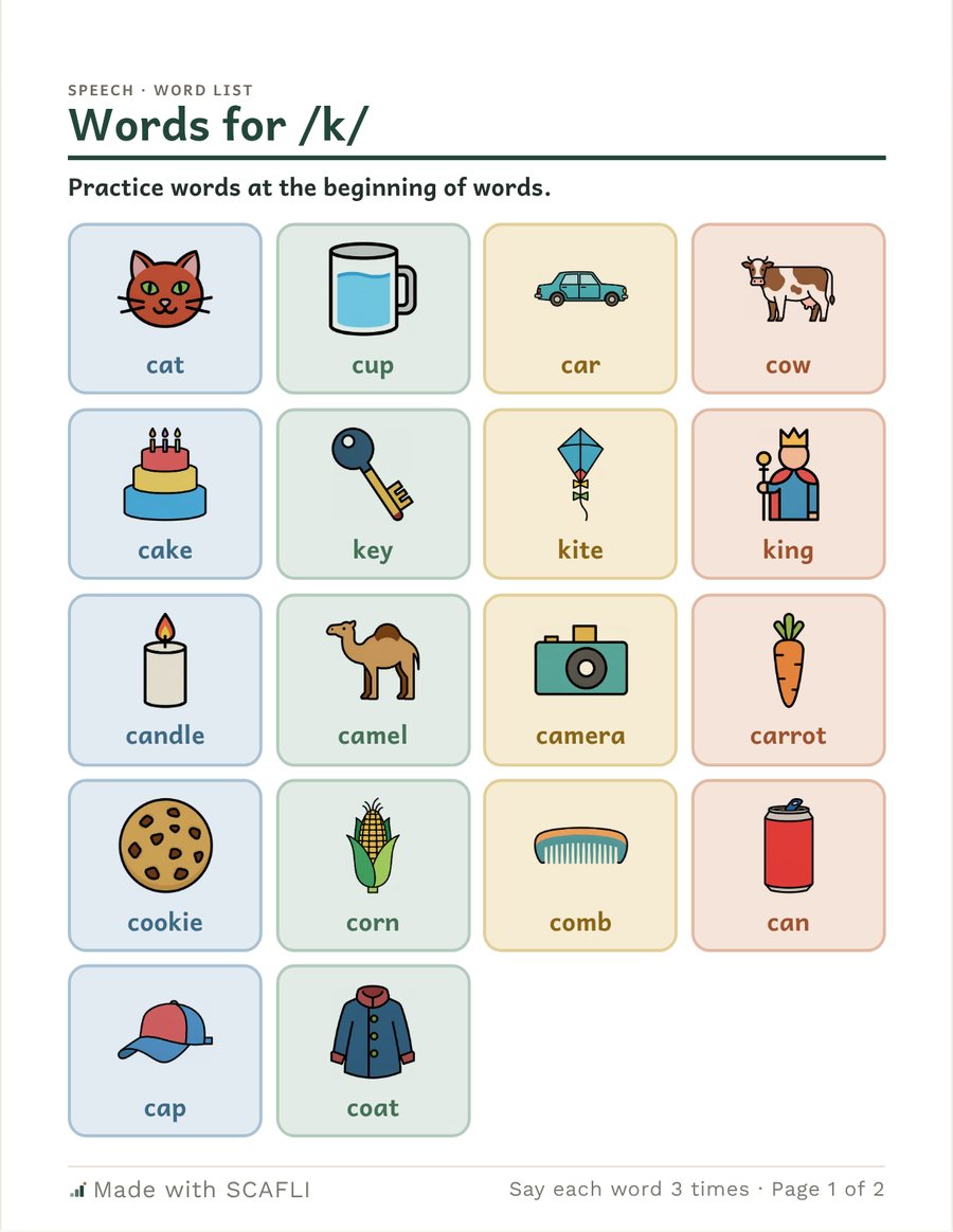 Words for /k/: a grid of picture cards for words that start with /k/, each with its word under the picture, then a page of short sentences with three circles to color for each try.