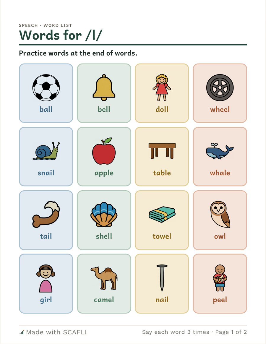 Final /l/ words and sentences: a page from this PDF