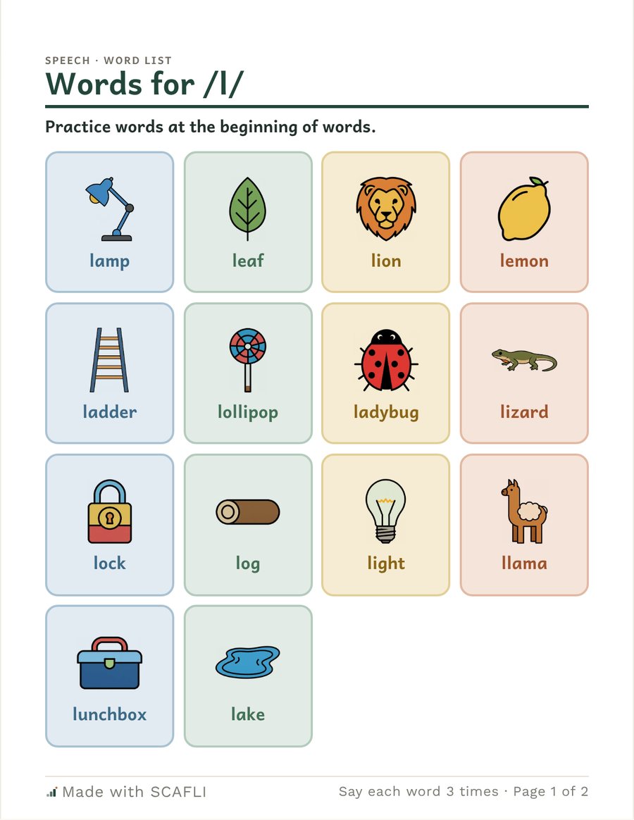 Words for /l/: a grid of picture cards for words that start with /l/, each with its word under the picture, then a page of short sentences with three circles to color for each try.
