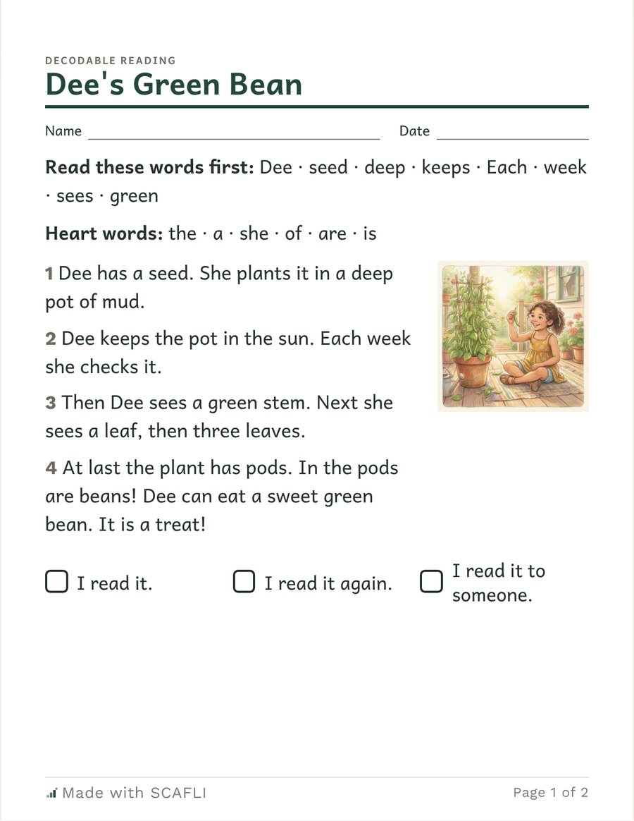 Dee's Green Bean (ee, ea): a page from this PDF