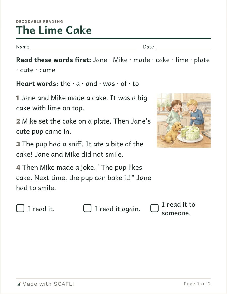 The Lime Cake: words to read first (cake, lime, made, plate, cute, bite), a painting of two children and a puppy eating a green cake, and the story: Jane and Mike made a cake.