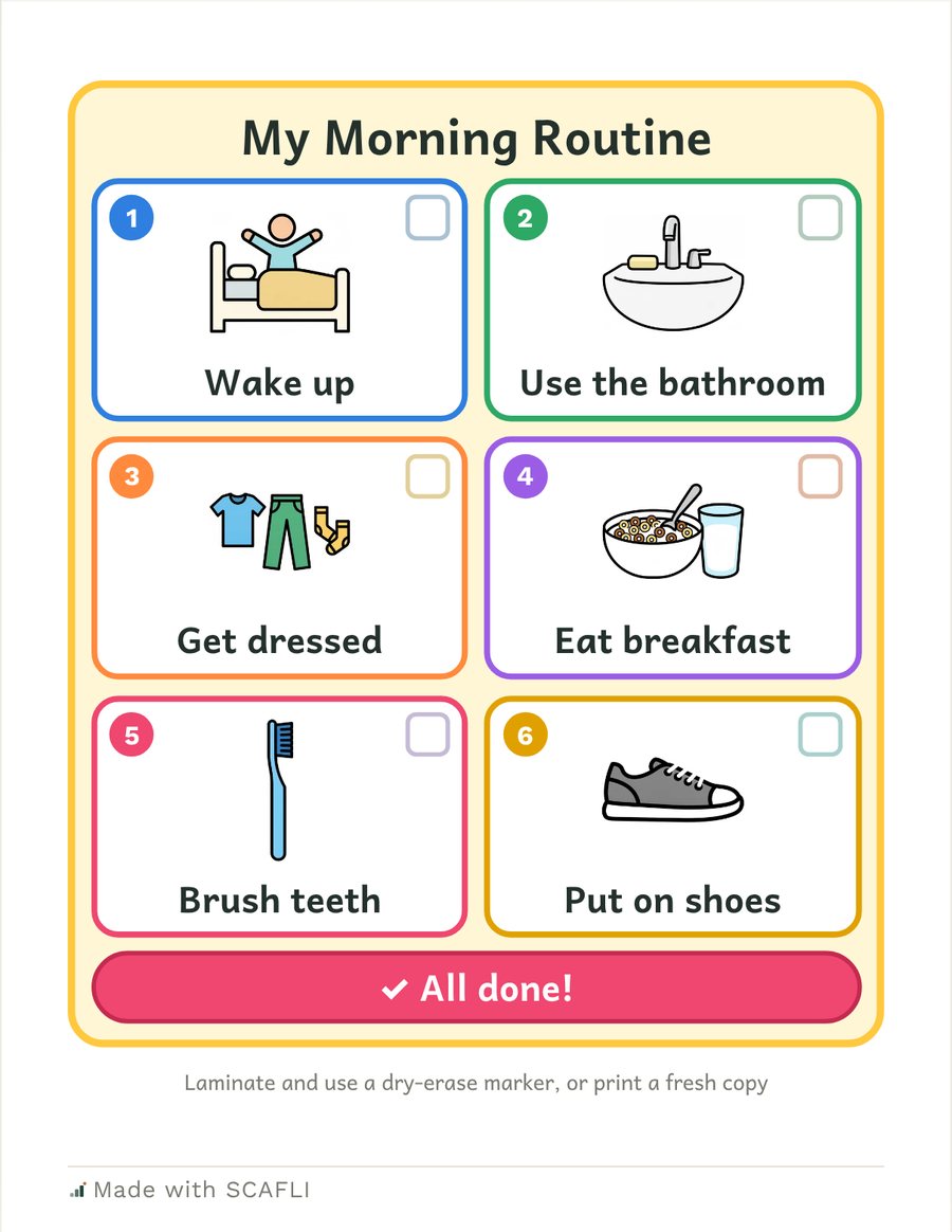 My Morning Routine: six numbered picture cards (wake up, use the bathroom, get dressed, eat breakfast, brush teeth, put on shoes), each with a box to check, and an All done! bar.