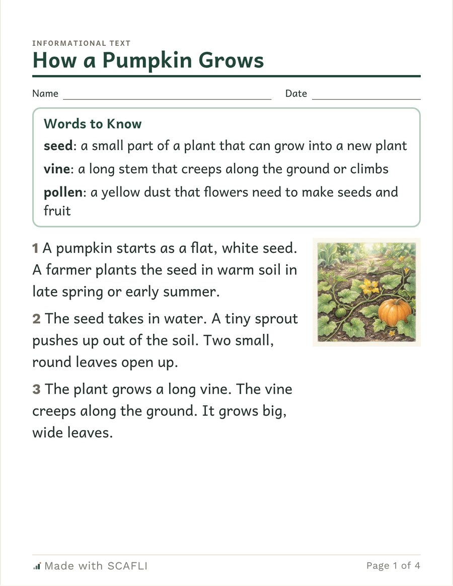 How a Pumpkin Grows: Words to Know (seed, vine, pollen), a painting of a pumpkin patch, and the first part of the reading, from a flat white seed to a long vine.