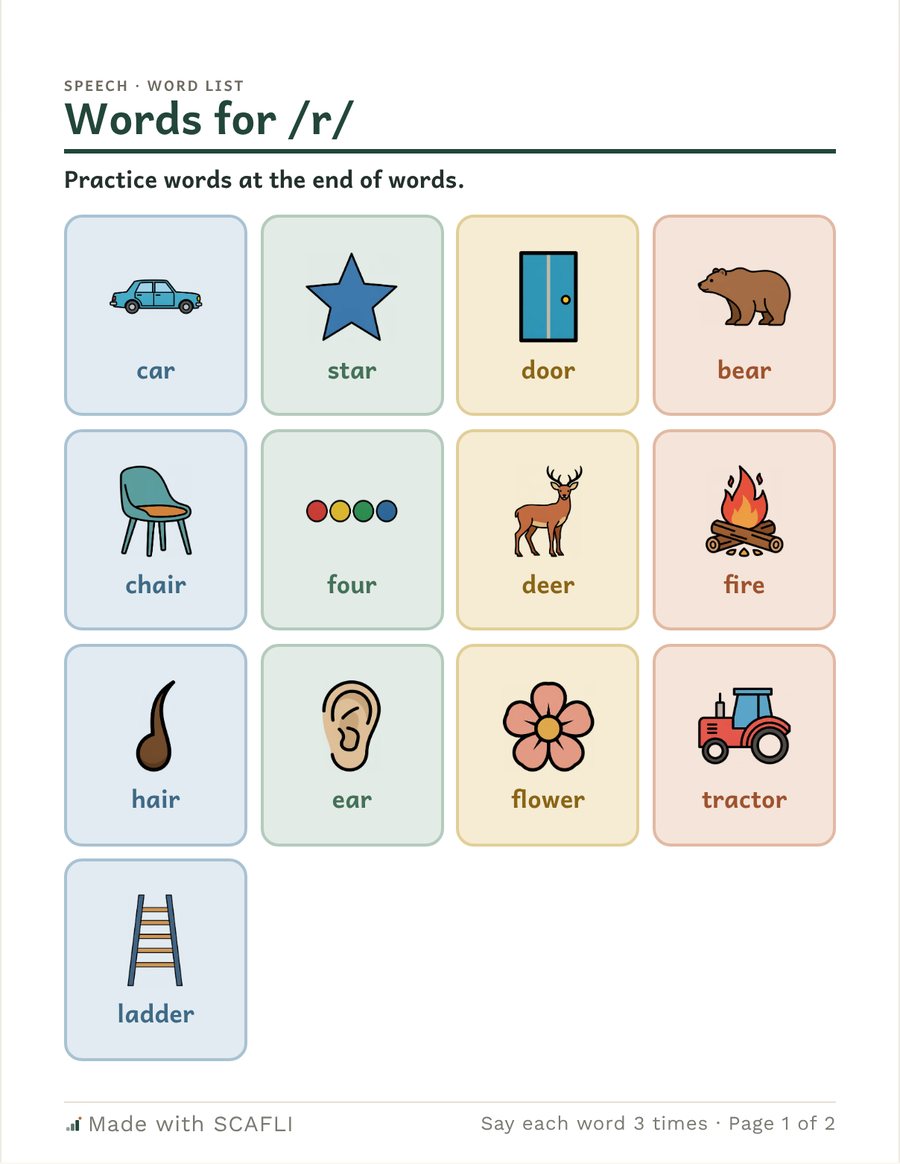 Final /r/ words and sentences: a page from this PDF