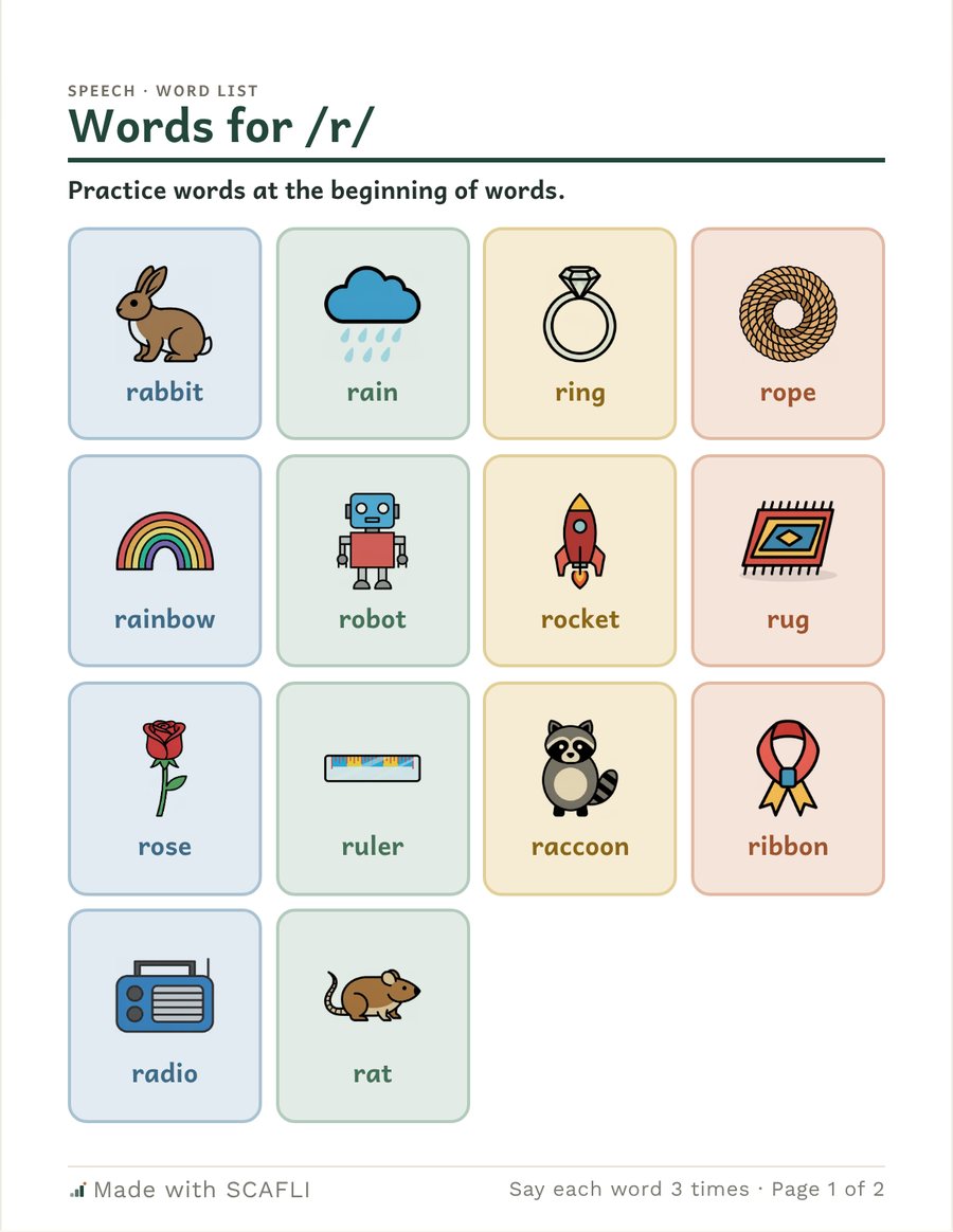 Words for /r/: a grid of picture cards for words that start with /r/, each with its word under the picture, then a page of short sentences with three circles to color for each try.