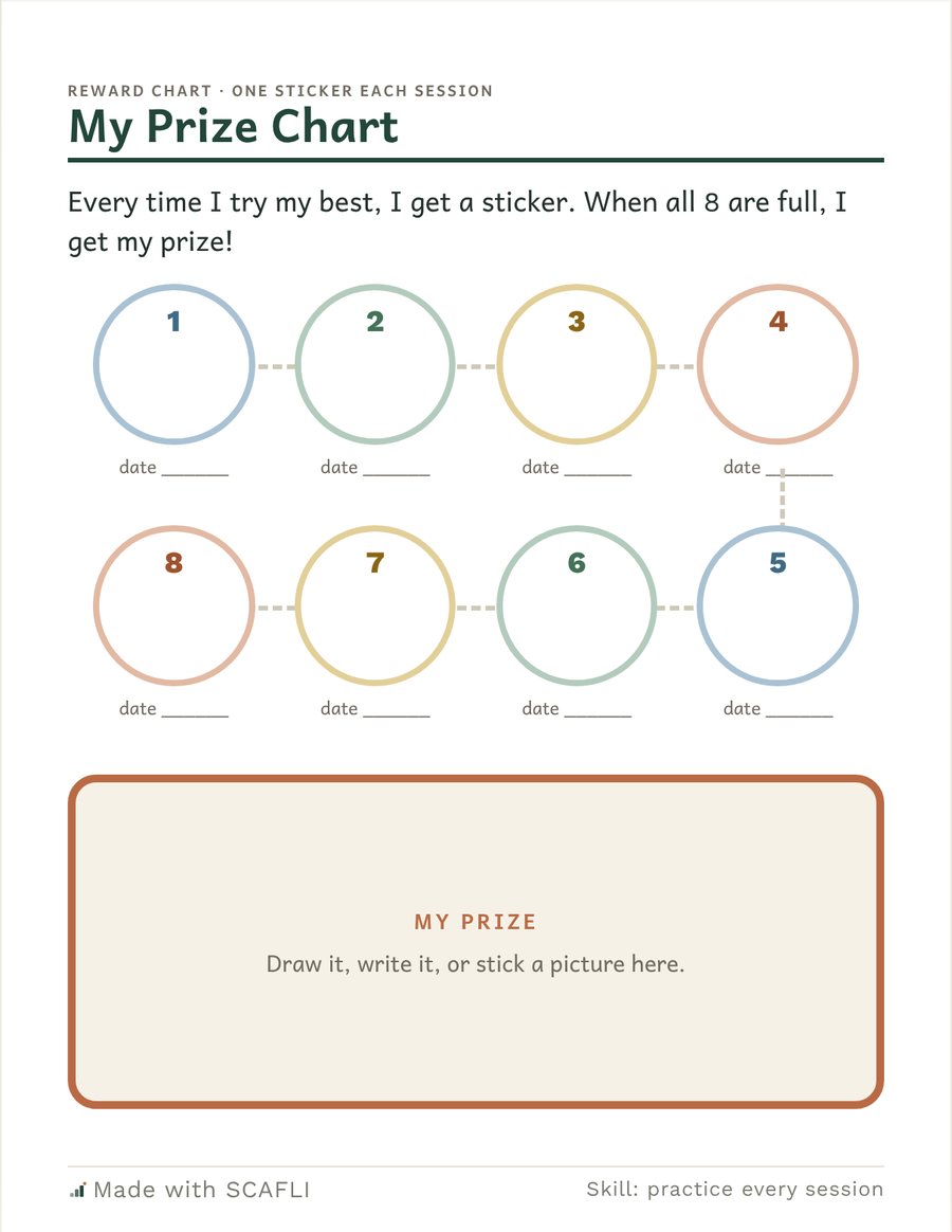 My Prize Chart: eight numbered sticker circles with a date line under each, and a My Prize box to draw, write or stick a picture of the prize.