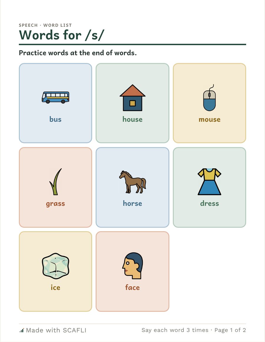 Final /s/ words and sentences: a page from this PDF
