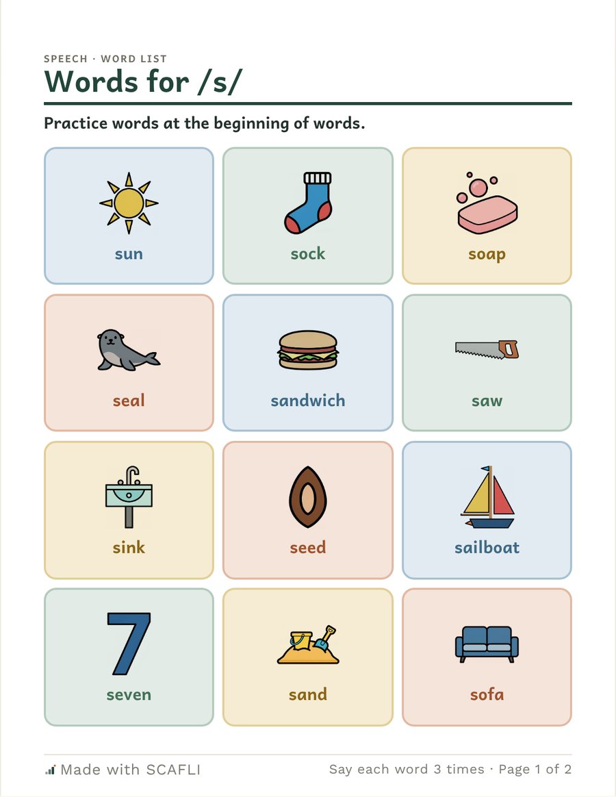 Words for /s/: a grid of picture cards for words that start with /s/, each with its word under the picture, then a page of short sentences with three circles to color for each try.