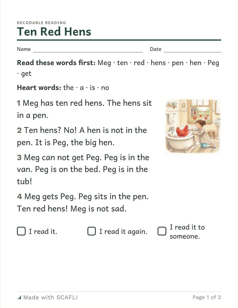 Ten Red Hens (short e): a page from this PDF