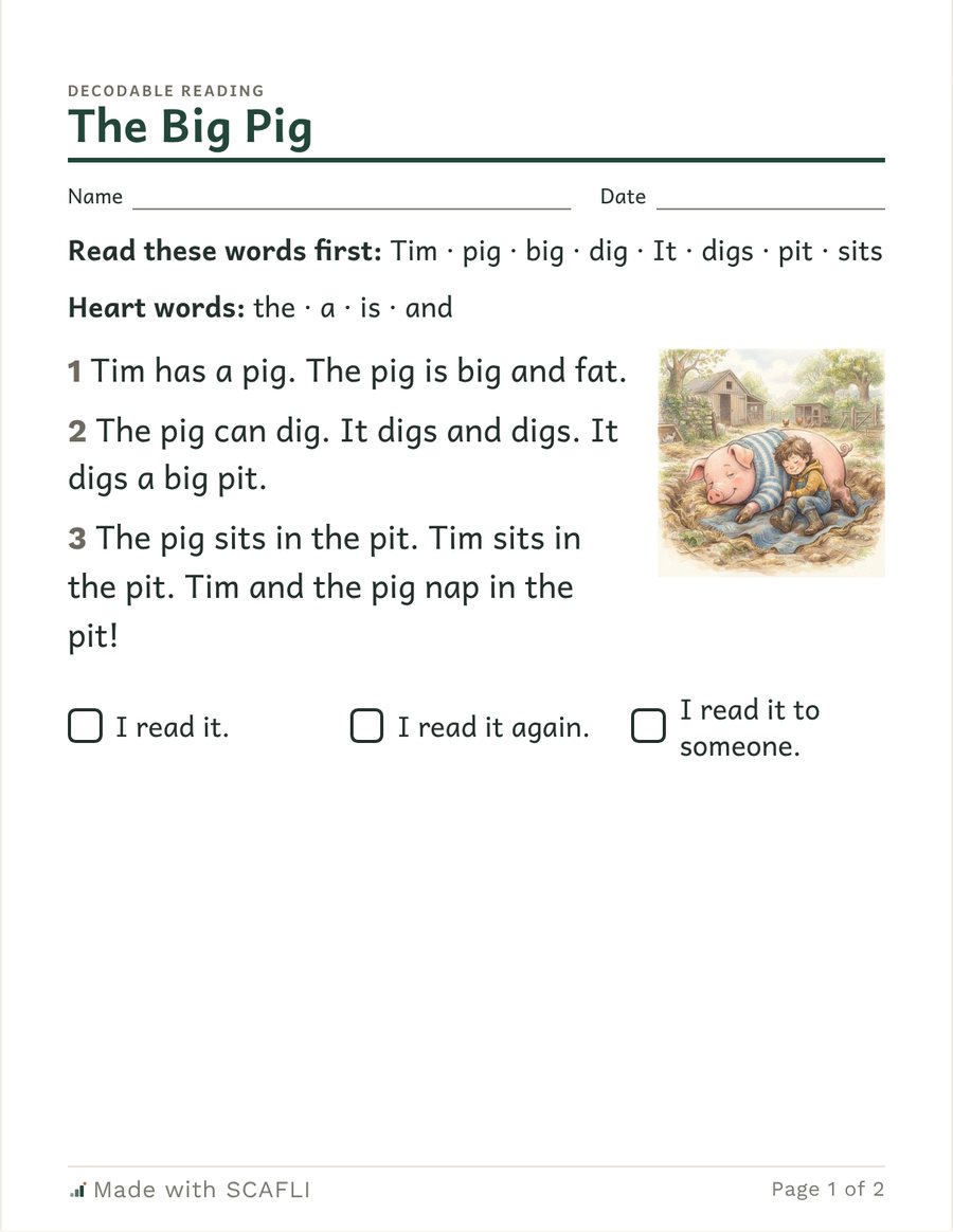 The Big Pig: words to read first (big, dig, pig, pit) and heart words, a painting of a boy napping with a big pig, and the story: Tim has a pig. The pig is big and fat.
