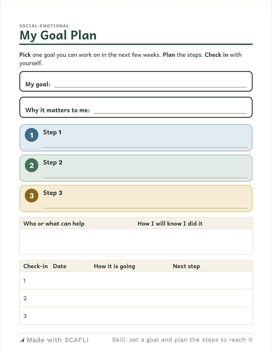 My Goal Plan: my goal, why it matters to me, three numbered steps, who can help and how I'll know, then check-in rows with a date and next step.
