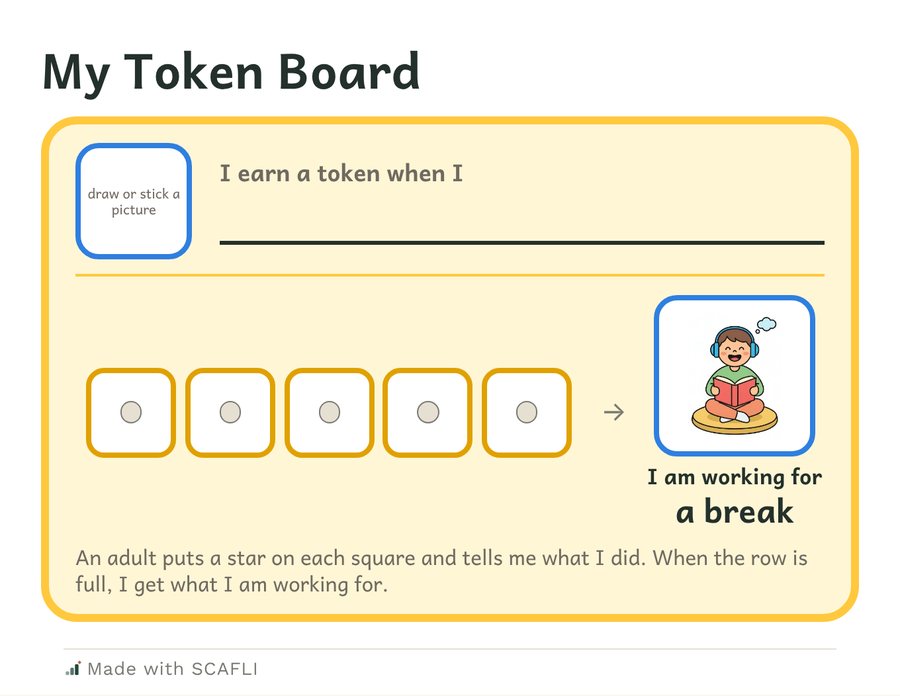 A token board with five token squares, an arrow, and the reward picture: I am working for a break. A second page has cut-out stars and reward cards.
