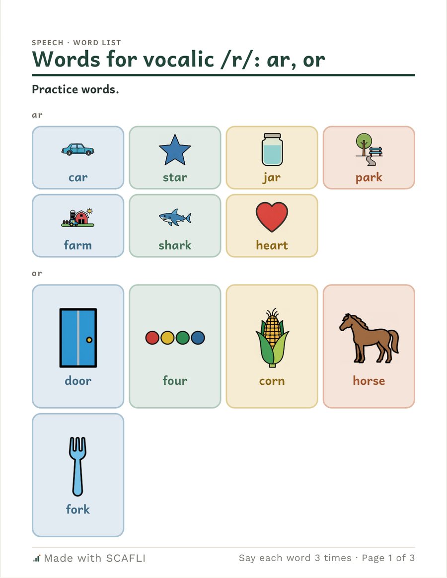 Words for vocalic /r/: ar and or. Picture cards for car, star, jar, park, farm, shark, heart, door, four, corn, horse and fork.