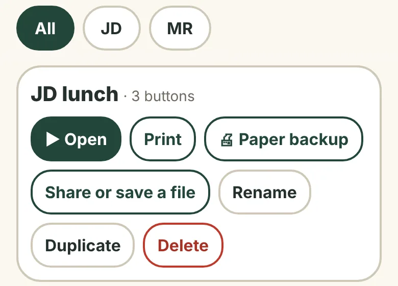 My Library with a button for each student's initials (All, JD, MR) and JD's lunch board with Open, Print and Paper backup