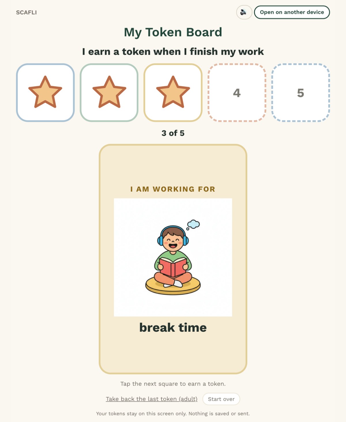 A digital token board on an iPad, three of five stars earned