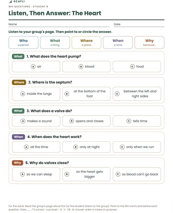 A WH question page with a color key and picture-supported answer choices
