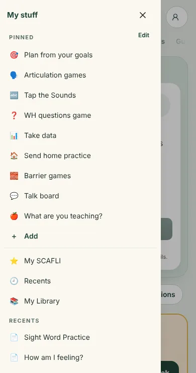 SCAFLI on a phone: the My stuff drawer with pins, My SCAFLI, Recents and Plan & track